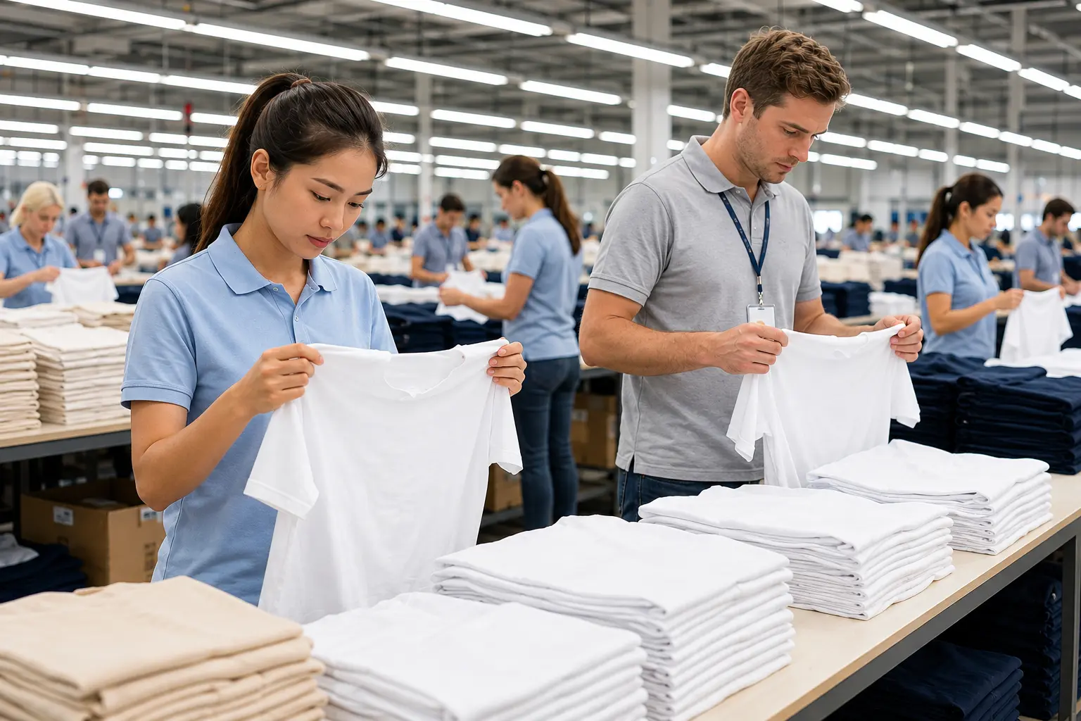 Quality inspection team measuring and checking t-shirts next to export-ready boxes