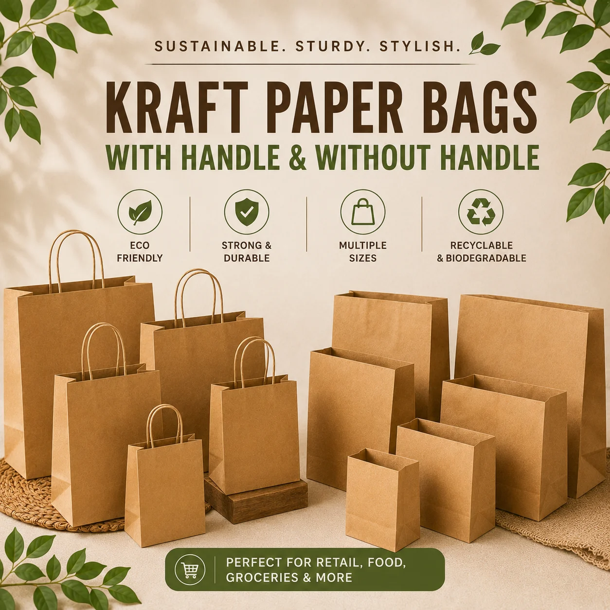 Kraft paper bags with and without handles, multiple sizes