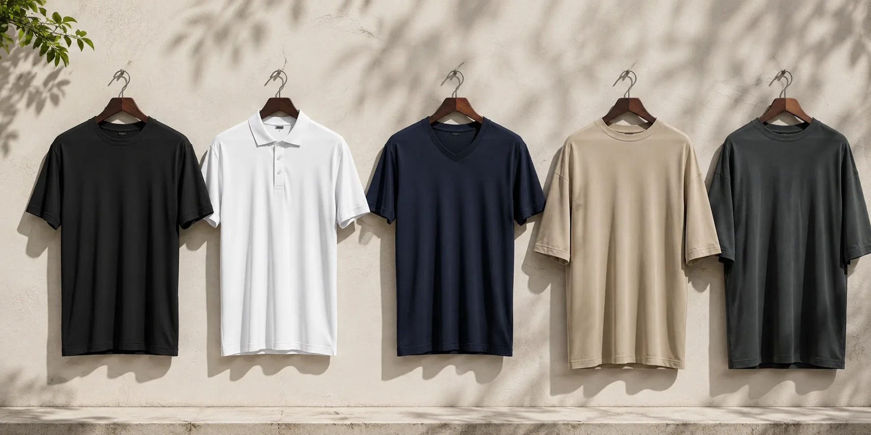 Rack of folded T-shirts in a wide range of colours